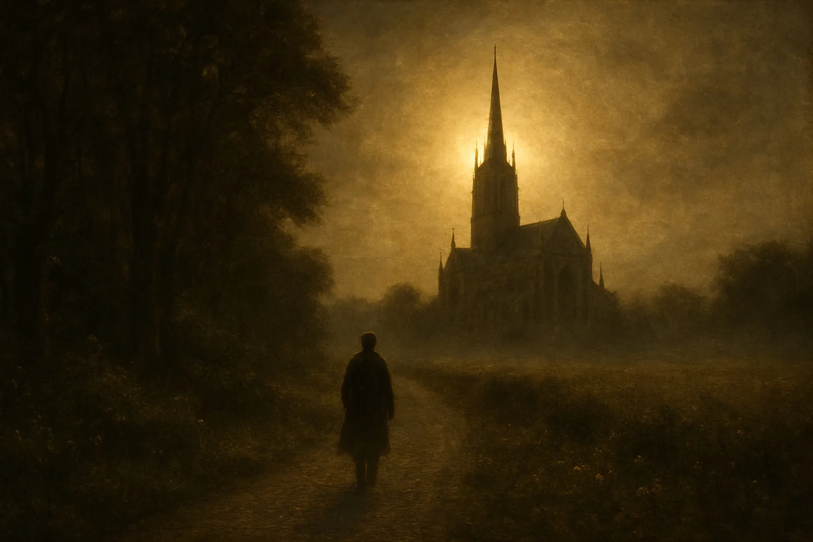 Lone pilgrim walking a quiet path toward a glowing cathedral at dusk