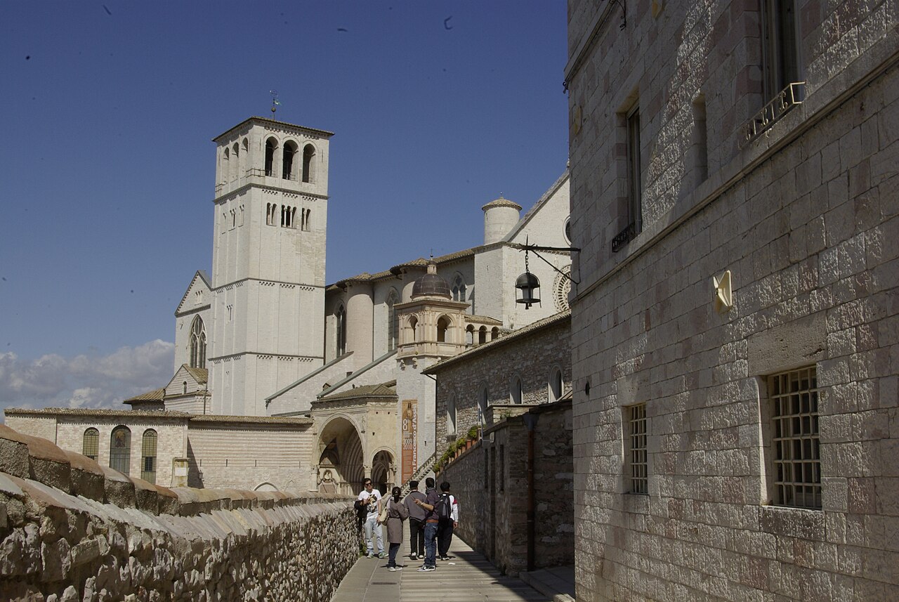 The Basilica of San Francesco in Assisi seen along the approach from the town