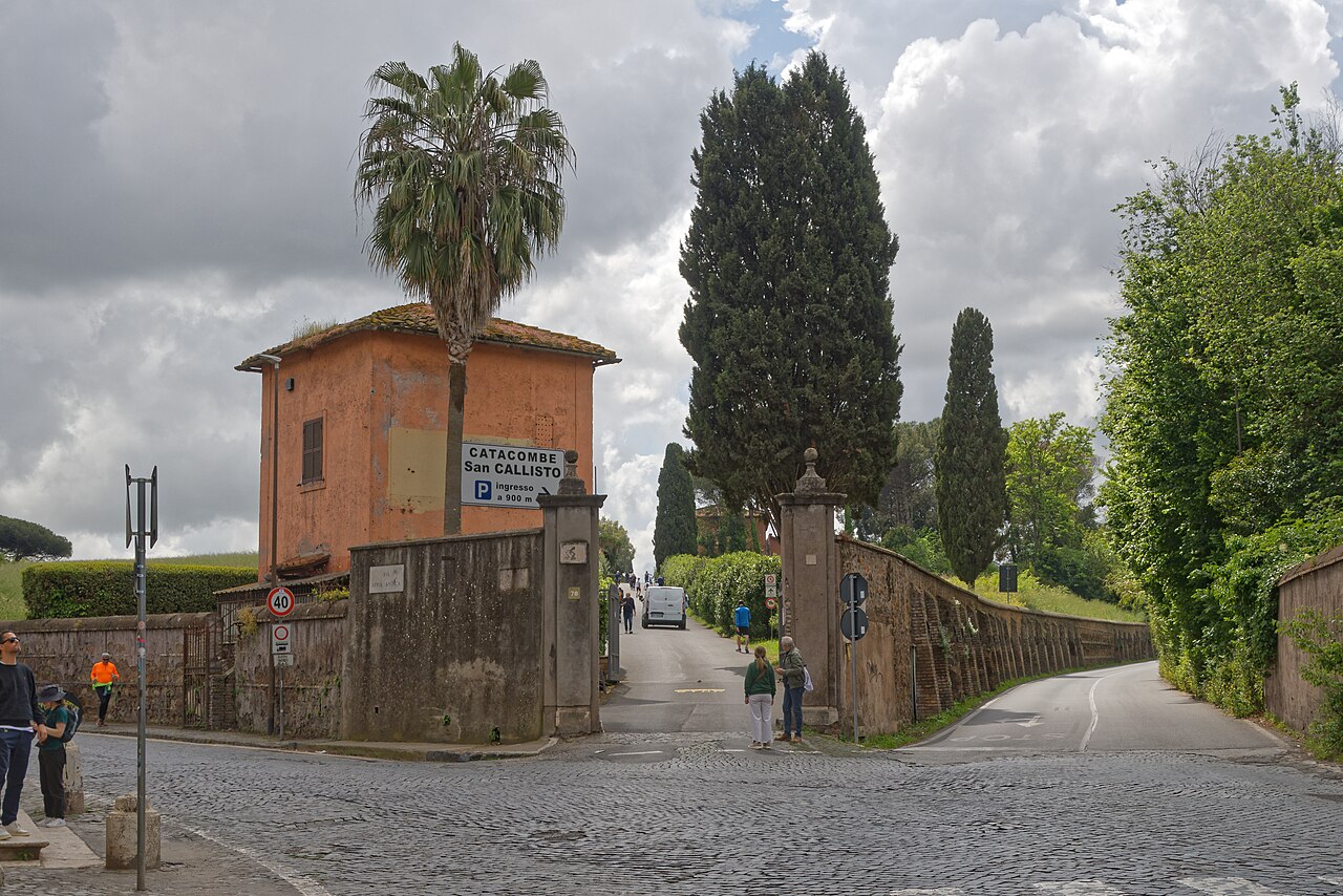 Wooded approach and welcome area at the Catacombs of San Callisto on the Via Appia Antica