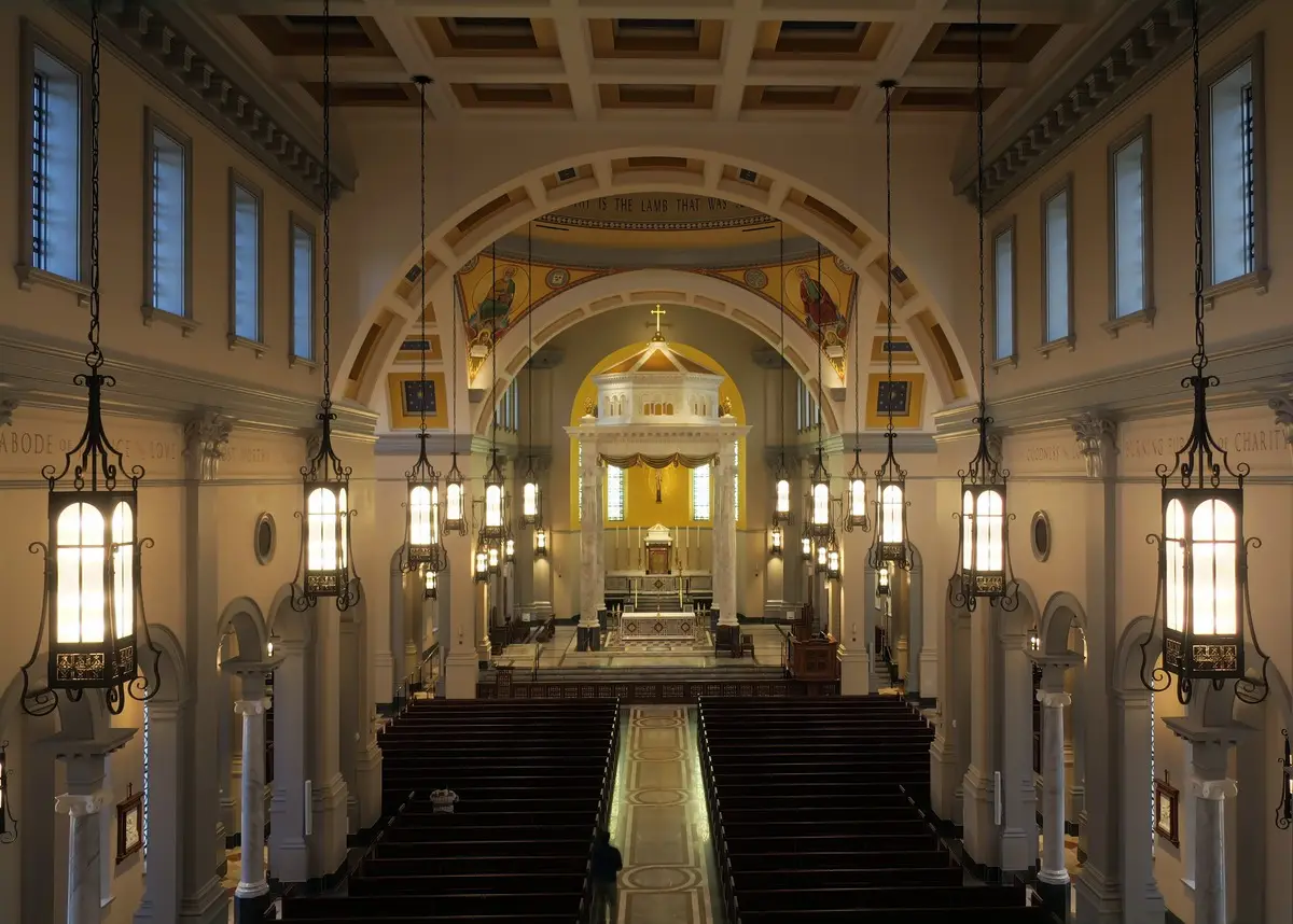 The nave of the Cathedral of the Most Sacred Heart of Jesus, Knoxville, looking toward the sanctuary.