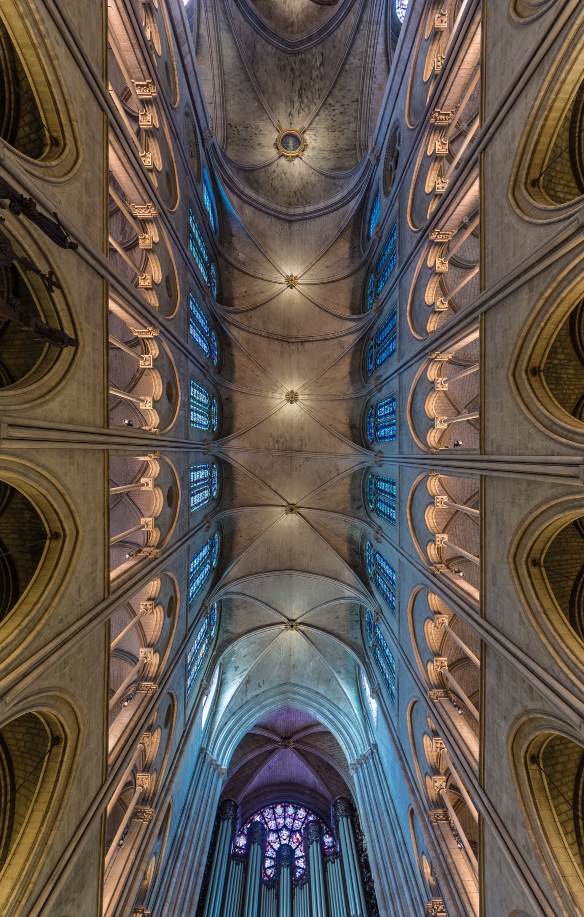 The ribbed vaults of the nave of Notre-Dame Cathedral in Paris.