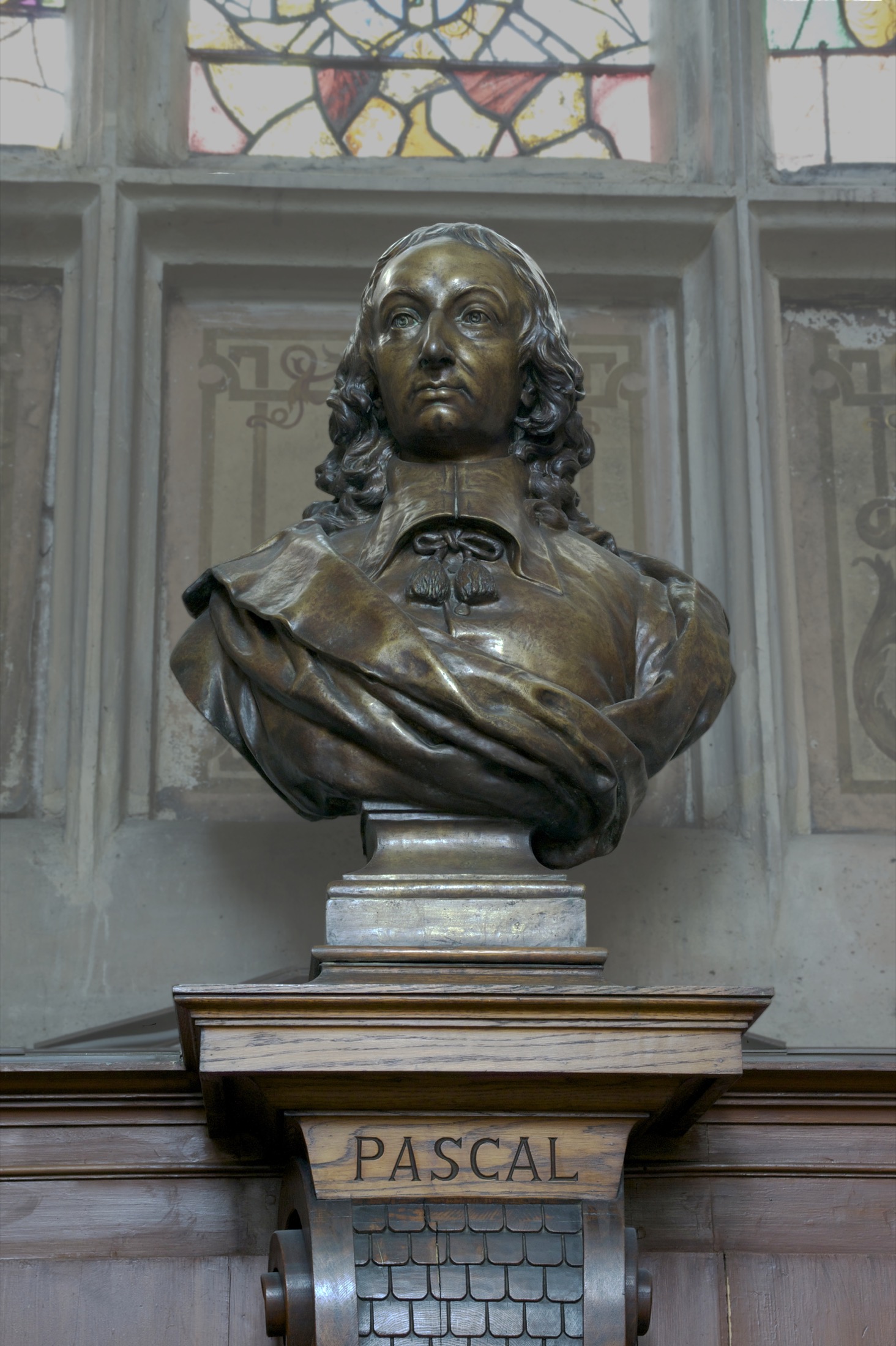 Bronze bust of Blaise Pascal inside Saint-Etienne-du-Mont in Paris.