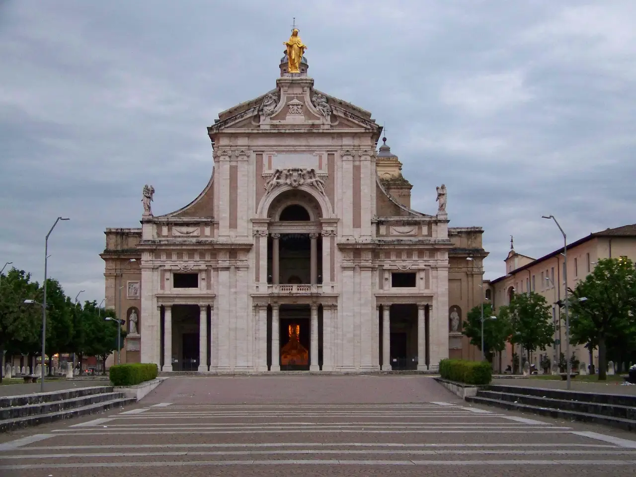 The Baroque facade of the Basilica of Santa Maria degli Angeli, built to enclose the Porziuncola chapel.