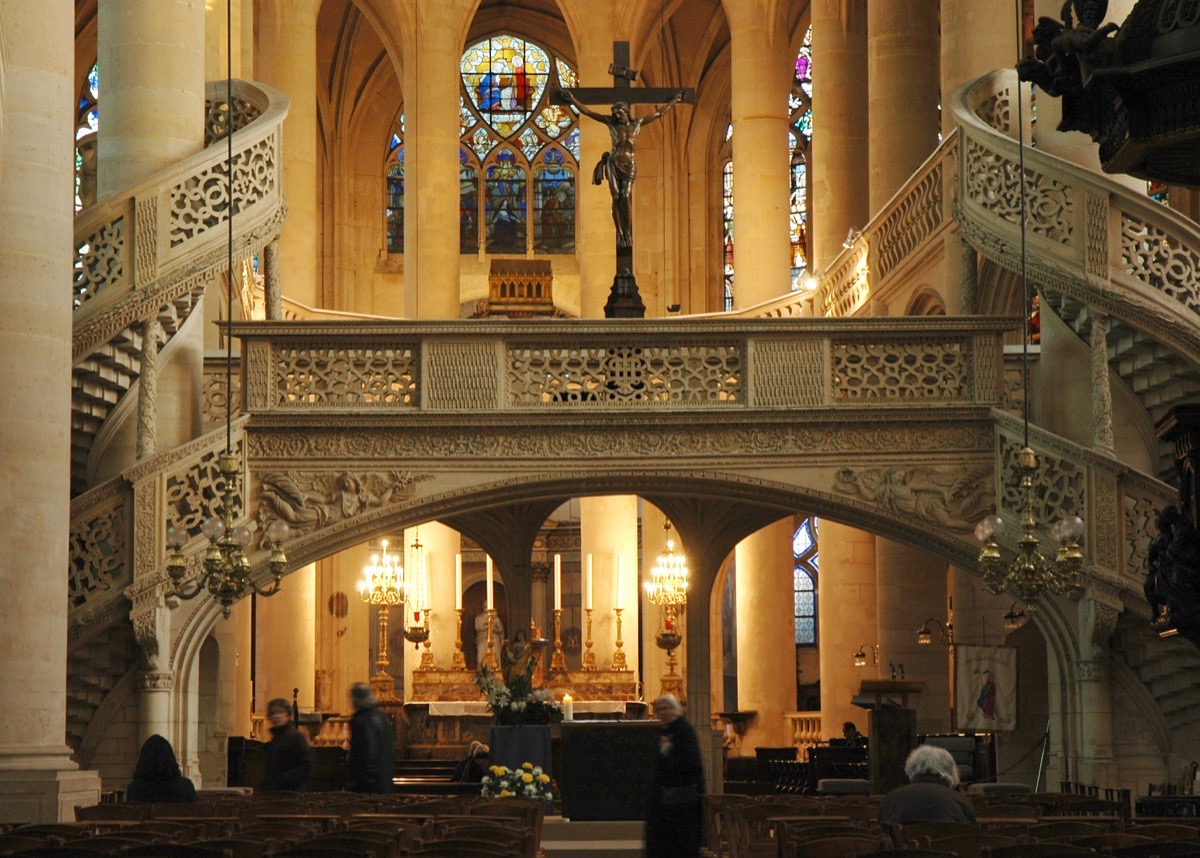 The carved rood screen inside Saint-Étienne-du-Mont, Paris.