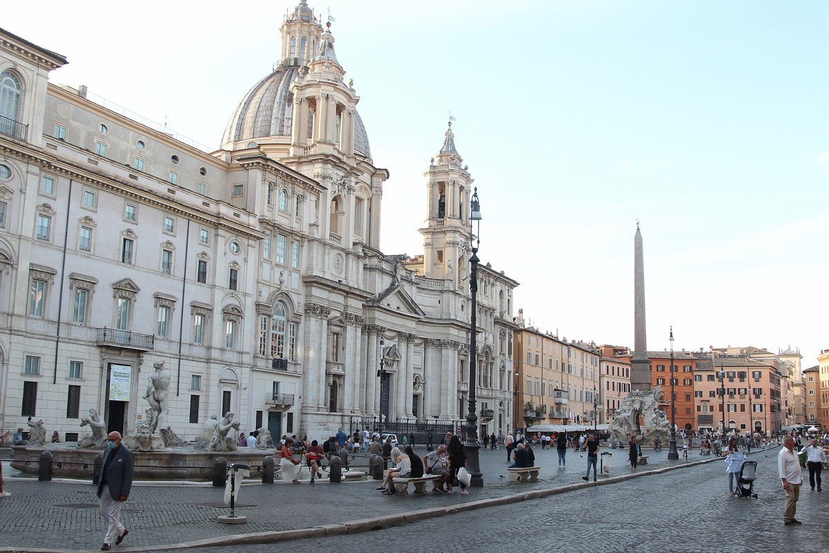 The concave Baroque facade and dome of Sant'Agnese in Agone, Rome.