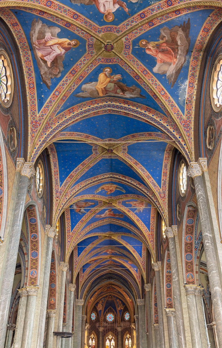 The blue, star-painted Gothic vault of Santa Maria sopra Minerva, Rome.