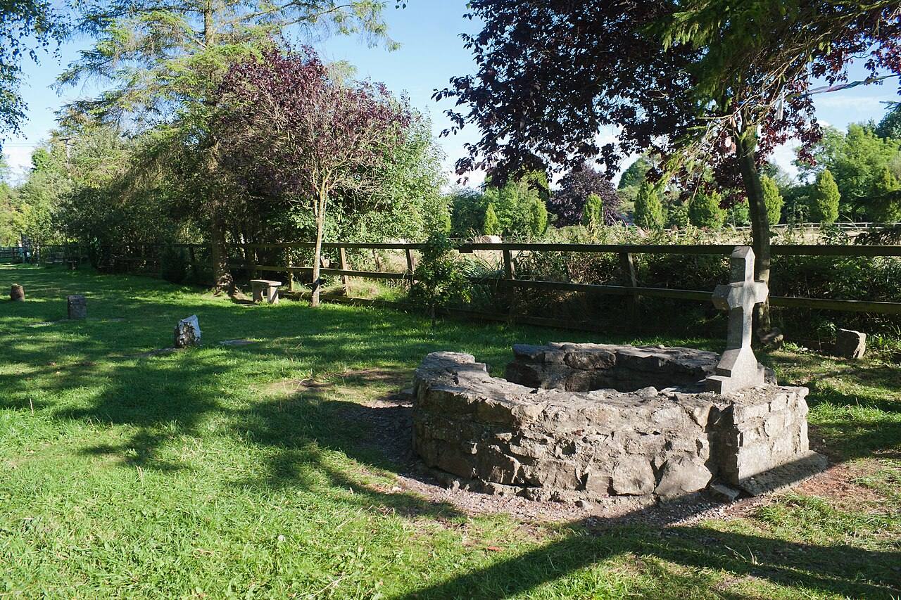 The stone arch and flowing water at St. Brigid's Well beneath trees in Kildare.