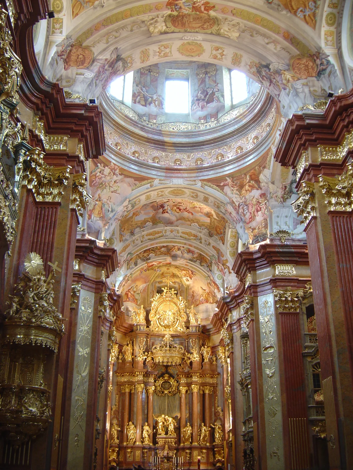 Baroque interior of the abbey church at Melk Abbey.