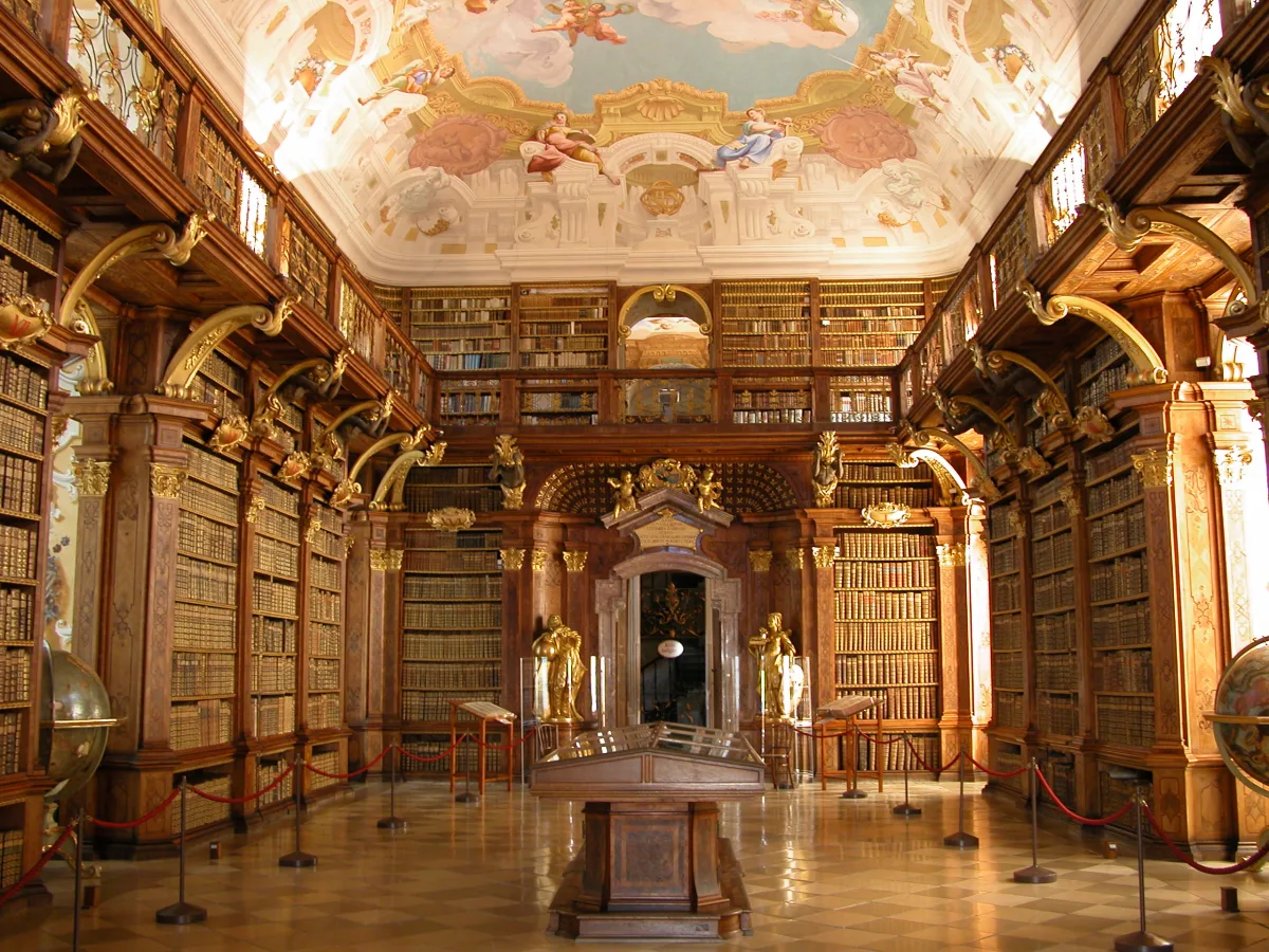 The library hall inside Melk Abbey in Austria.