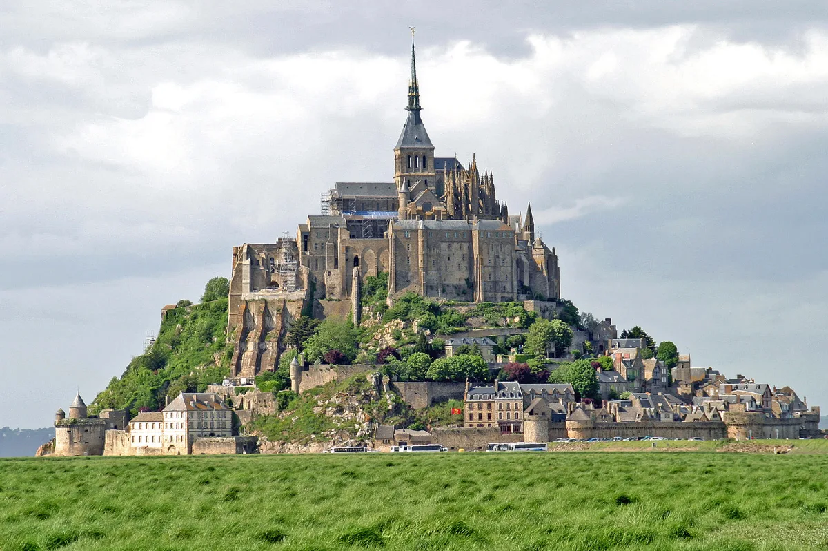 Mont-Saint-Michel abbey above the tidal bay in Normandy.