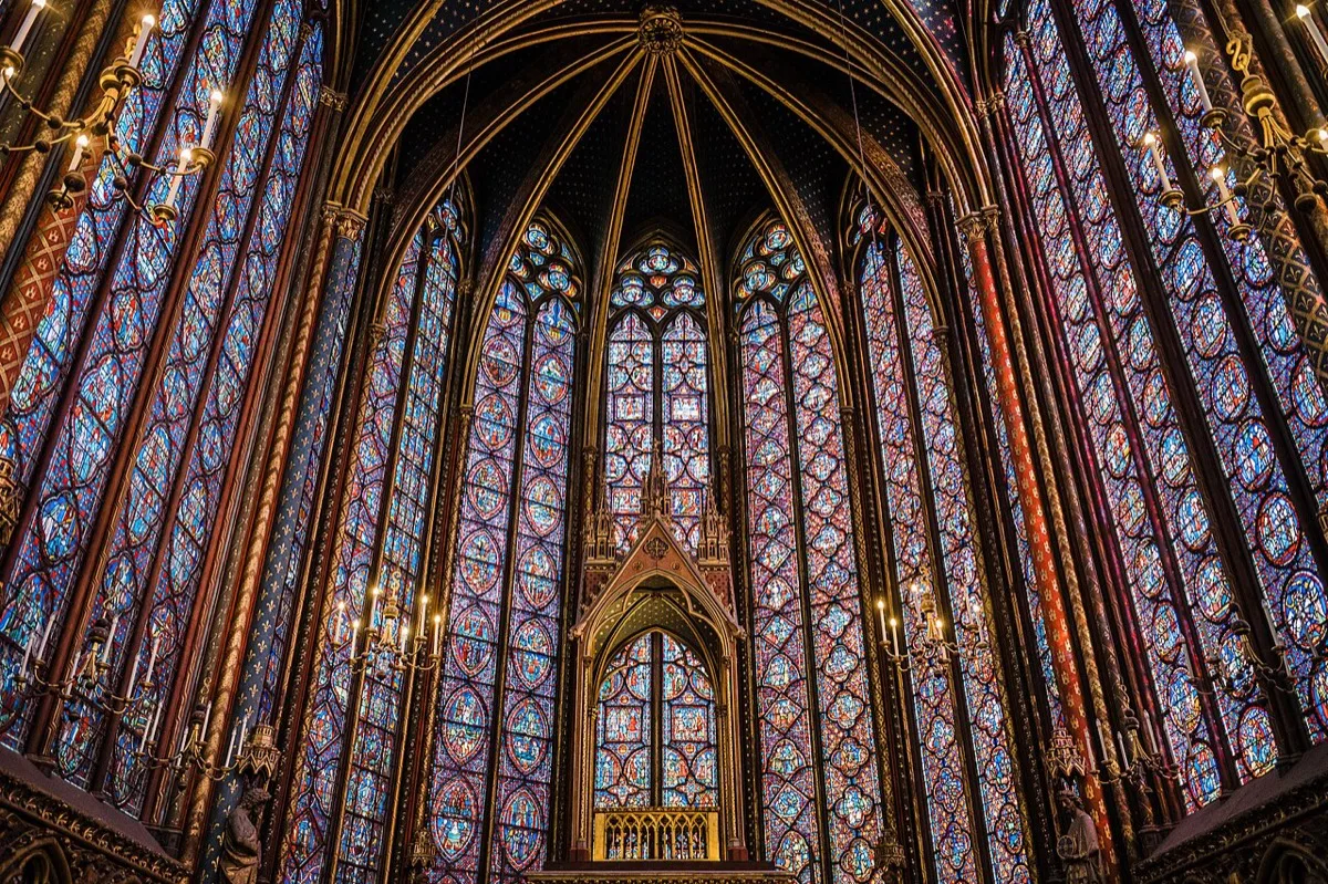The stained-glass upper chapel of Sainte-Chapelle in Paris.