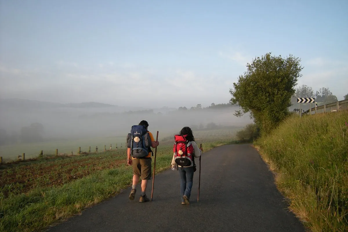 Two pilgrims with staffs and packs walking a misty dawn road on the Camino Francés.