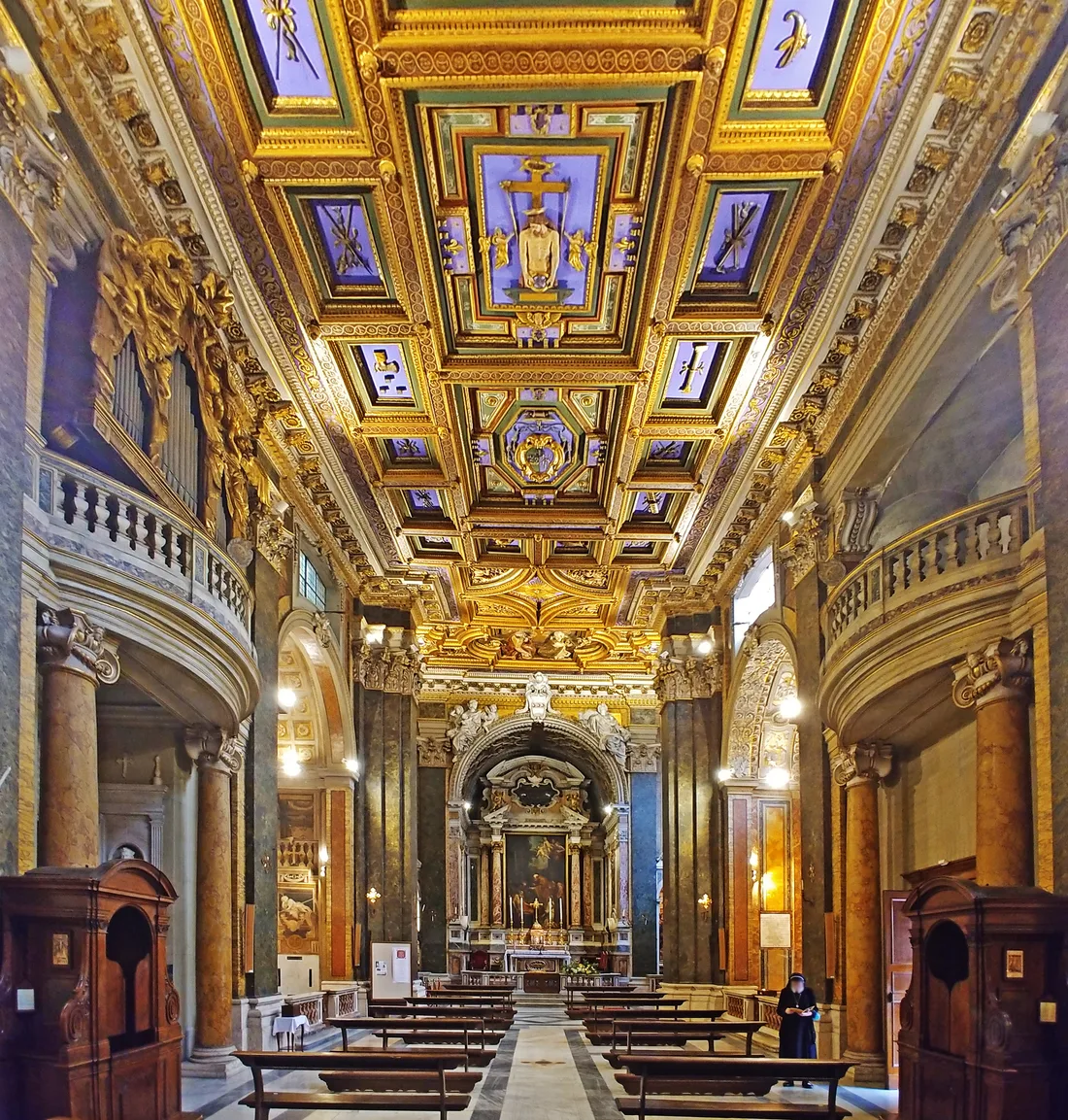 The gilded nave of San Girolamo della Carita in Rome, looking towards the high altar.