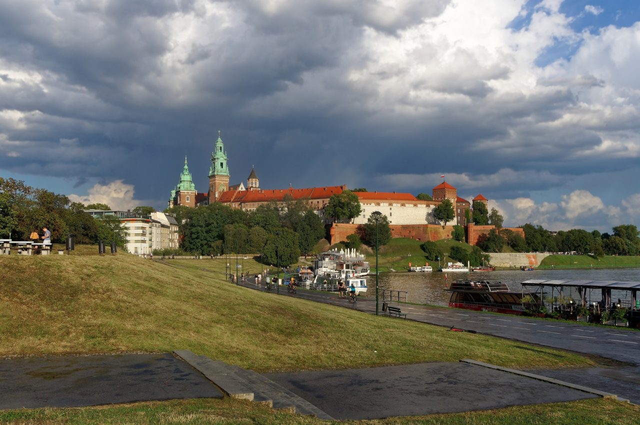 Wawel hill above the Vistula in Kraków, the cathedral towers rising behind the castle walls.