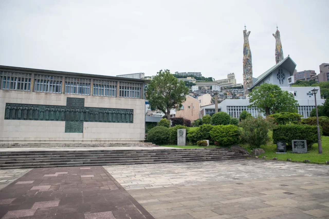 The Twenty-Six Martyrs monument, museum, and twin-spired Saint Philip Church on Nishizaka Hill in Nagasaki.
