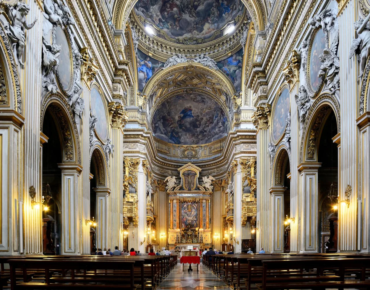 The nave and painted ceiling of Santa Maria in Vallicella in Rome, looking toward the high altar.