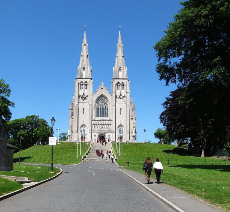 St. Patrick's Catholic Cathedral in Armagh approached by its long steps, with twin spires above the city.