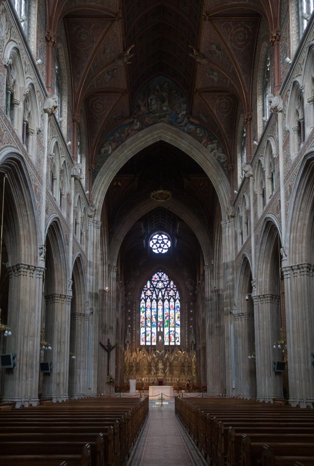 The richly patterned nave of St. Patrick's Catholic Cathedral in Armagh looking toward the sanctuary.