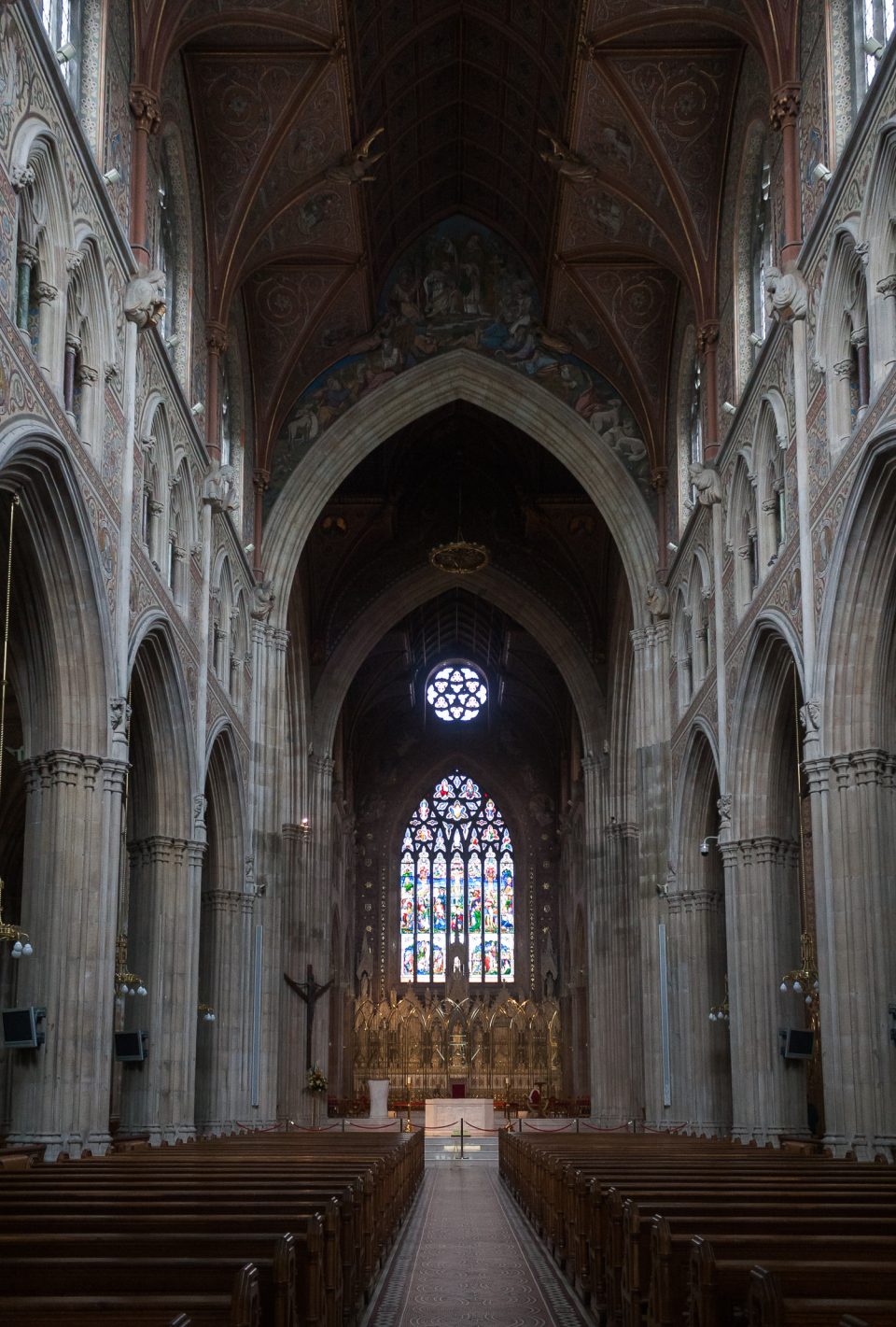 The richly patterned nave of St. Patrick's Catholic Cathedral in Armagh looking toward the sanctuary.