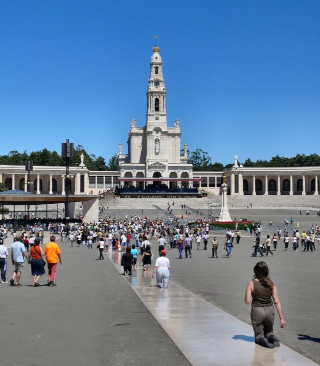 Pilgrims gathered at the Chapel of the Apparitions in Fatima.