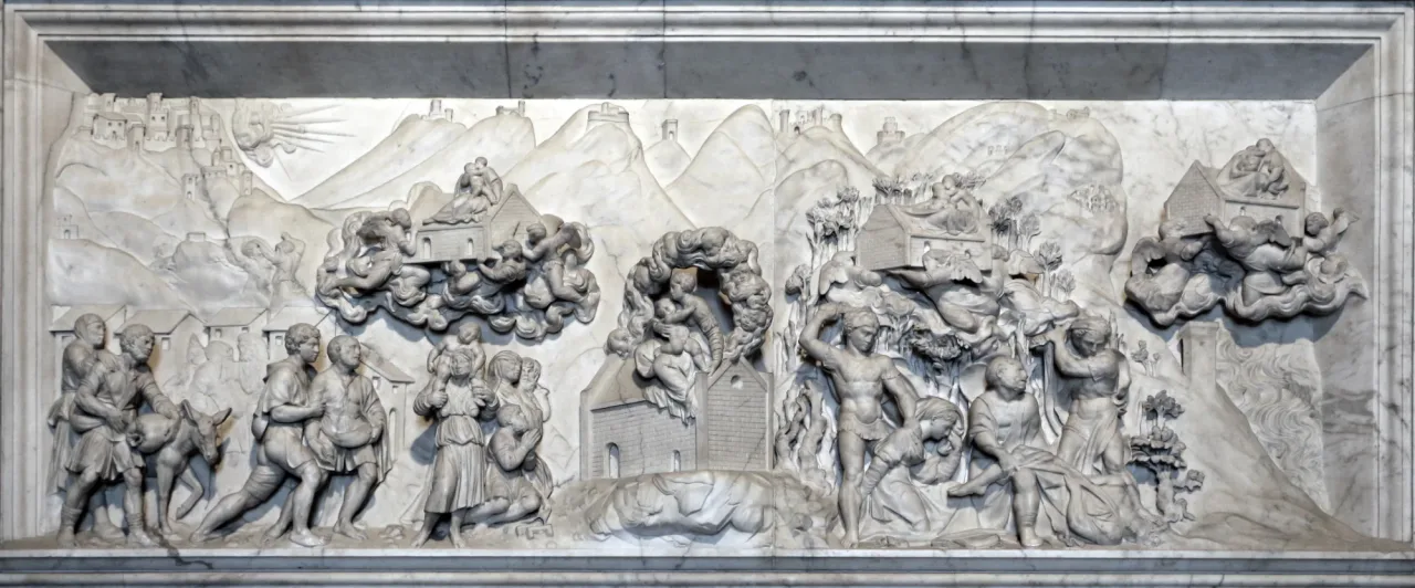 Renaissance marble relief showing a small stone house carried on clouds by angels above a landscape of hills and towns, with figures below.