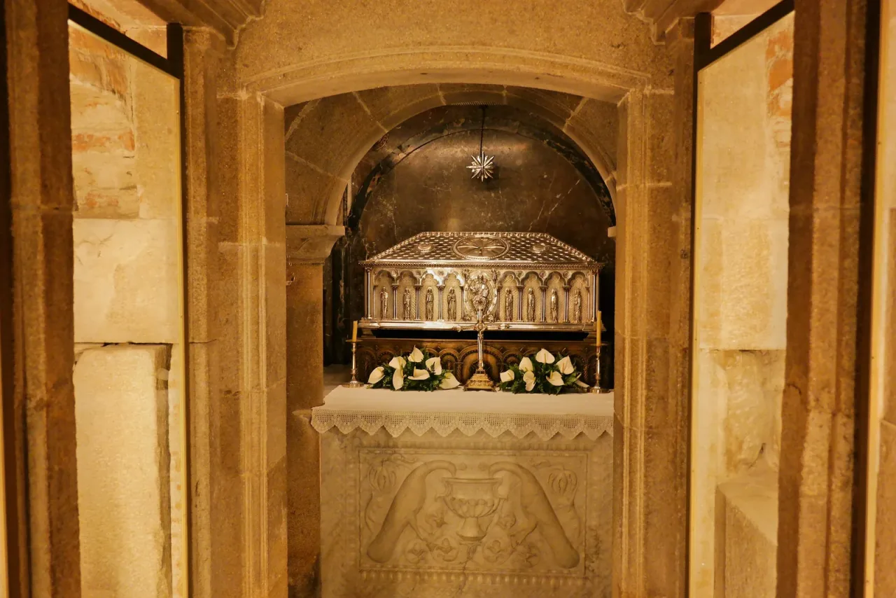 The silver reliquary urn holding the relics of Saint James in the crypt beneath the high altar of Santiago de Compostela Cathedral.