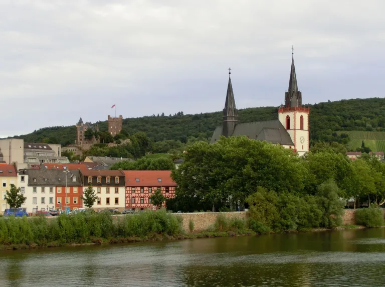 Bingen am Rhein on the river, with the Basilica of St. Martin and Burg Klopp above the town.