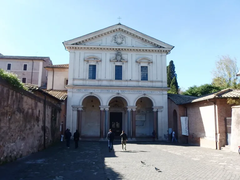 The facade and portico of San Sebastiano fuori le Mura on the Via Appia Antica, above the catacombs.