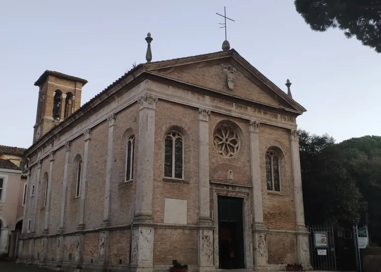 The facade and bell tower of the church of Sant'Aurea in the borgo of Ostia Antica.