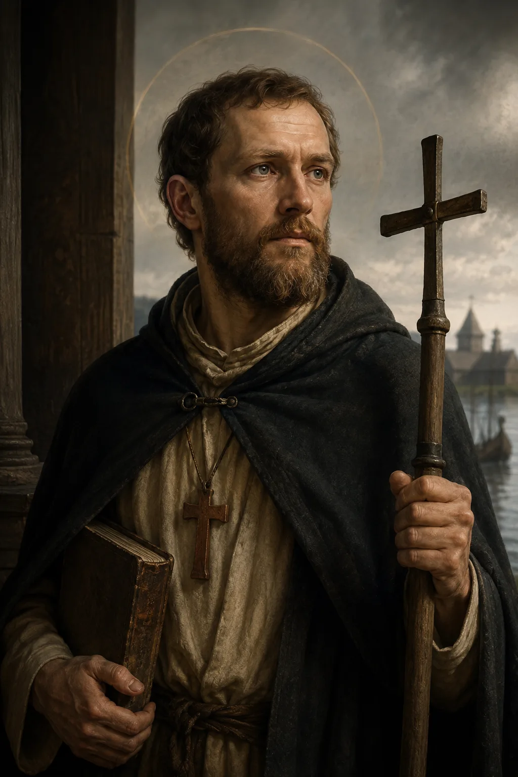 Contemporary devotional portrait of Saint Ansgar in restrained ninth-century episcopal dress, holding a Gospel book.