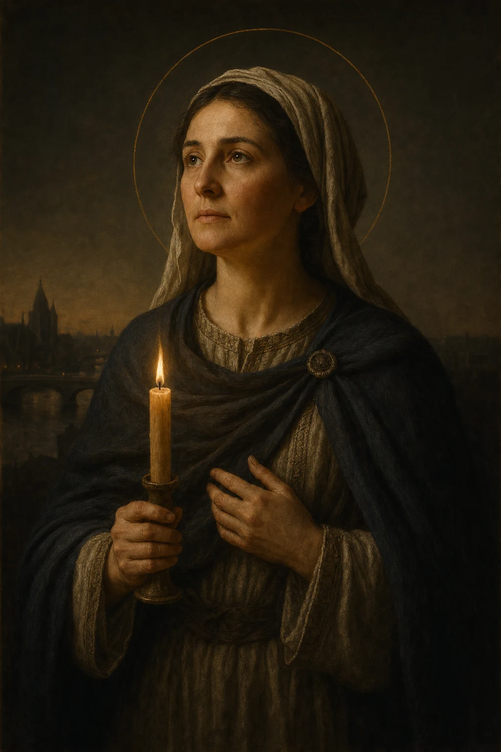 Devotional portrait of Saint Geneviève holding a candle, with early Paris and the Seine suggested behind her.