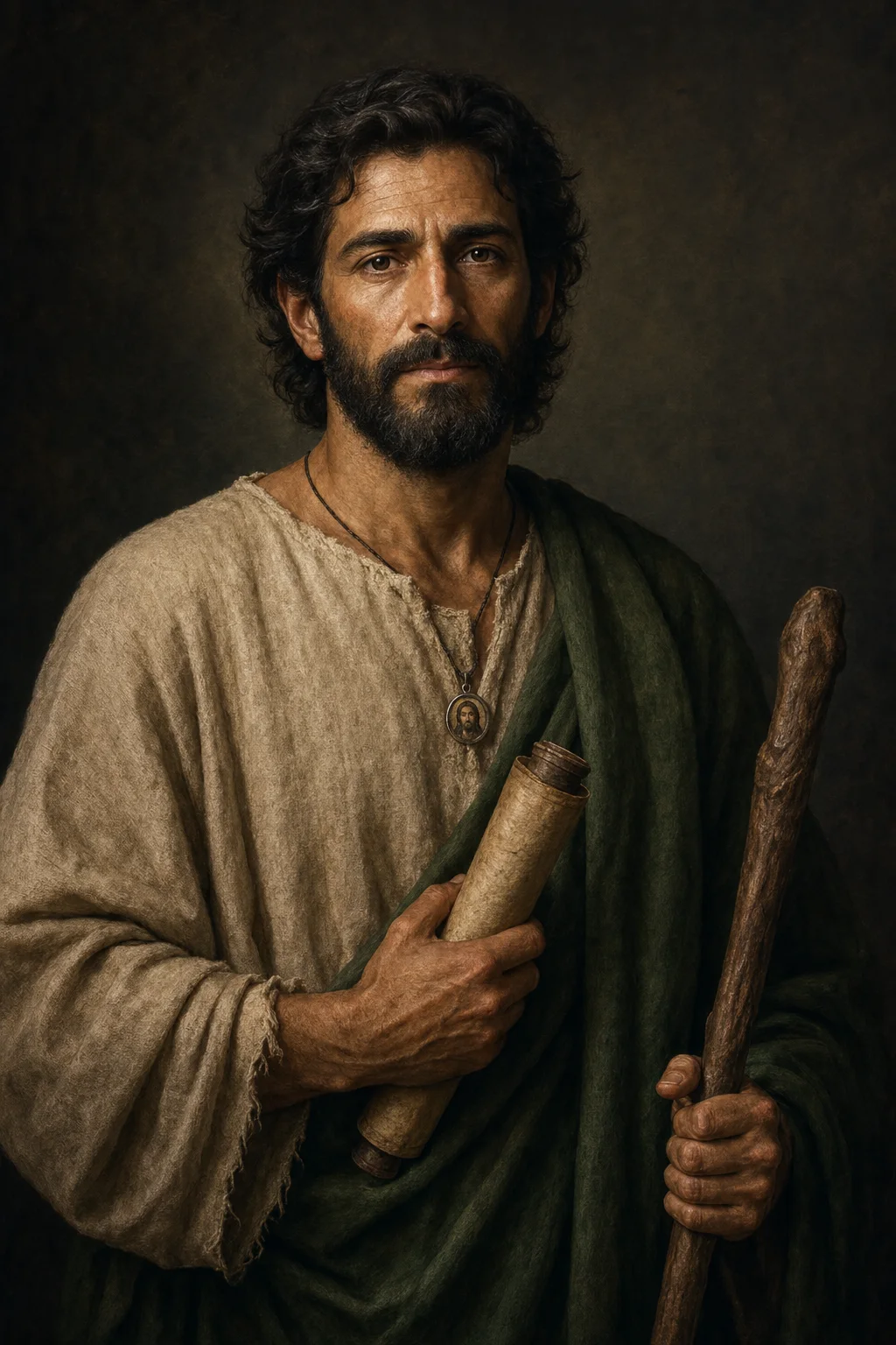 Contemporary devotional portrait of Saint Jude Thaddeus holding a scroll and a modest staff.