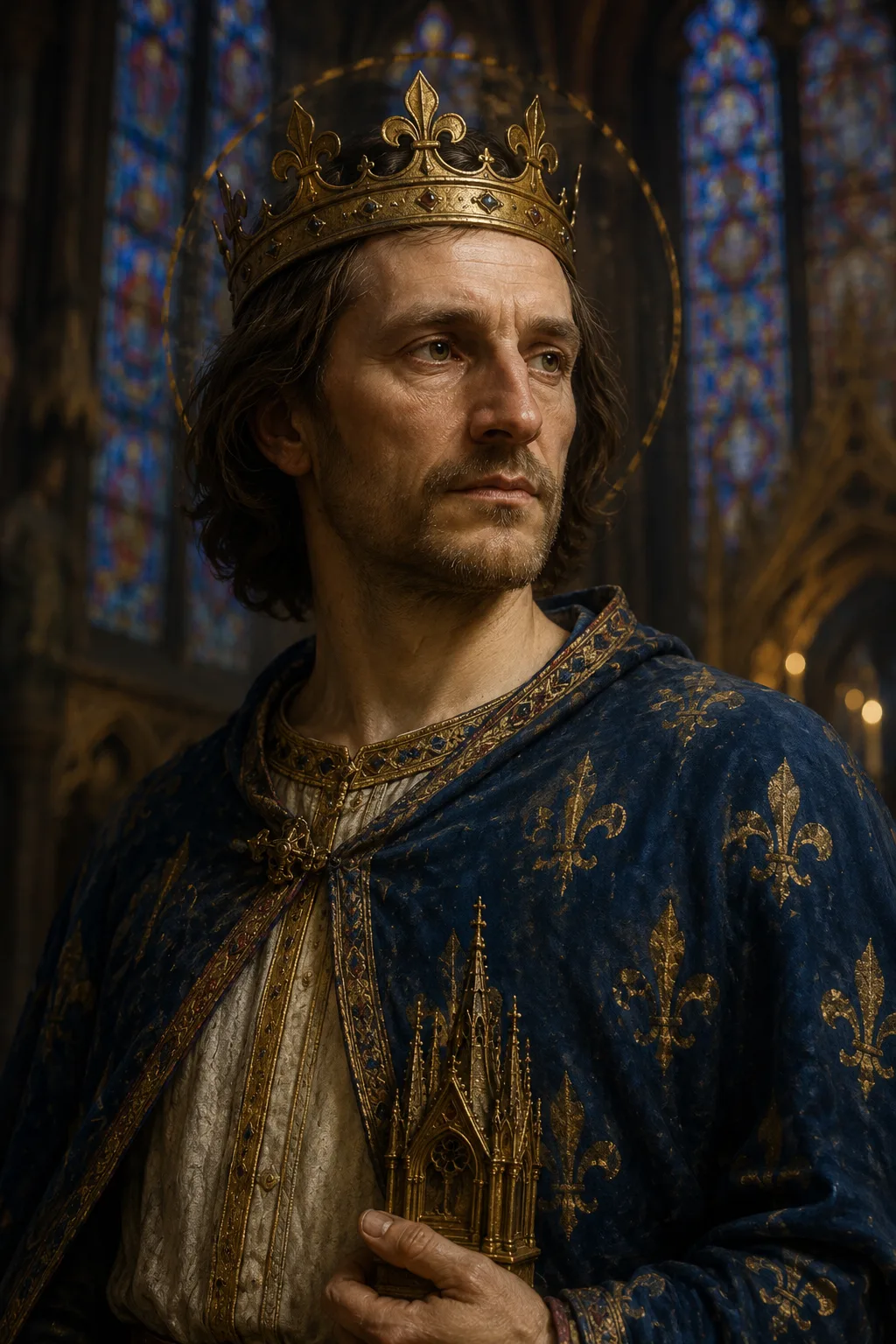 Contemporary devotional portrait of Saint Louis IX in restrained Capetian royal dress with a crown and fleur-de-lis.