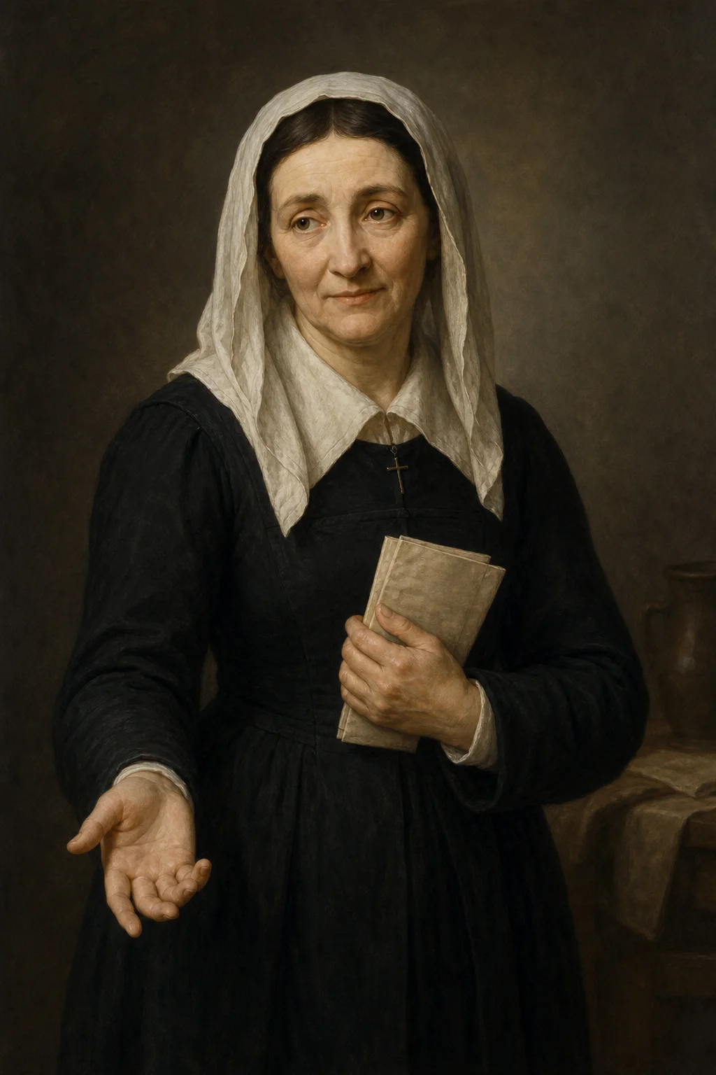 Contemporary devotional portrait of Saint Louise de Marillac in modest seventeenth-century dress, holding a rule and extending a hand in service.