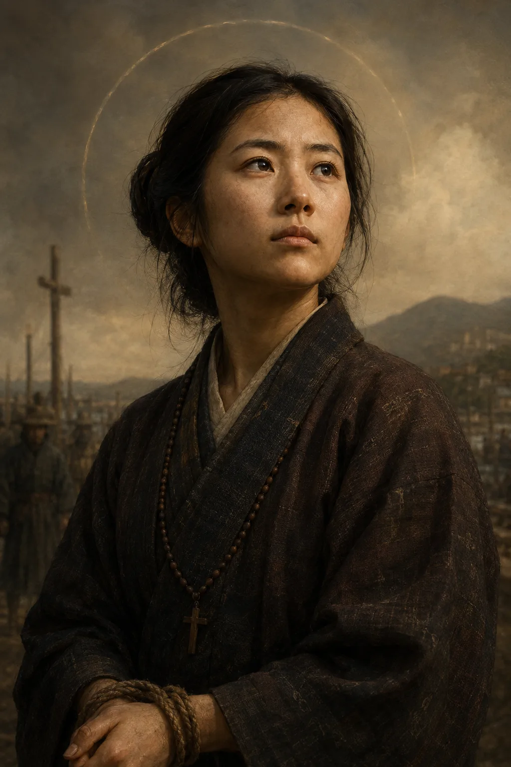 Contemporary devotional portrait of Saint Magdalene of Nagasaki in a dark lay tertiary habit, holding a martyr’s palm.