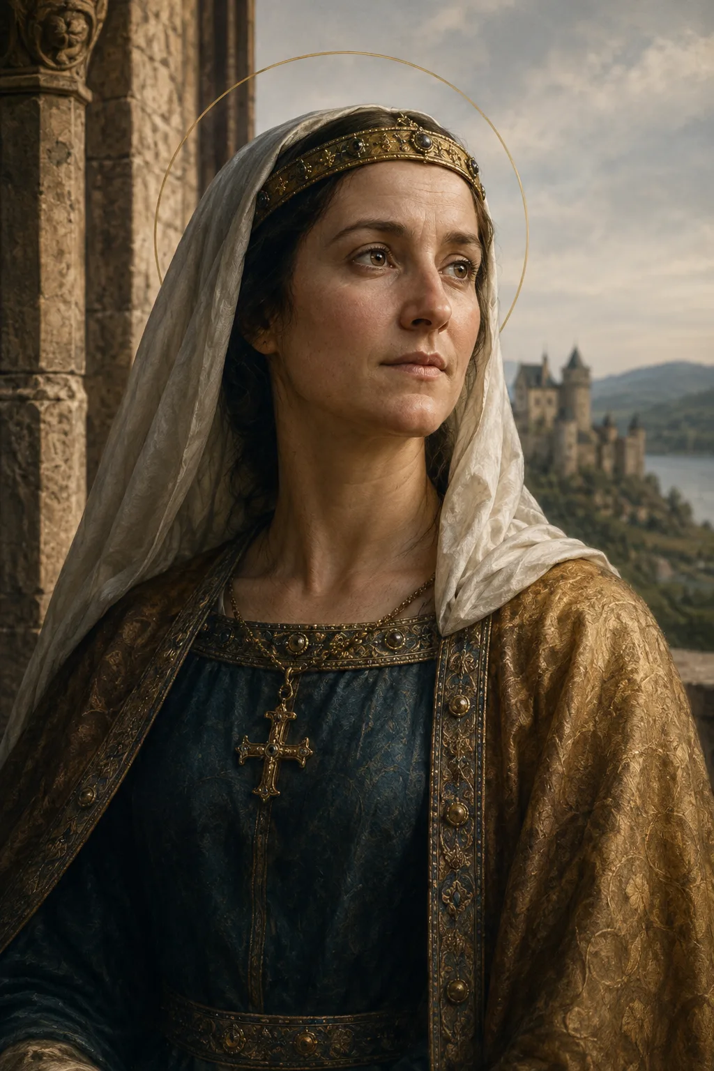 Contemporary devotional portrait of Saint Margaret of Scotland in restrained eleventh-century royal dress, holding a prayer book.