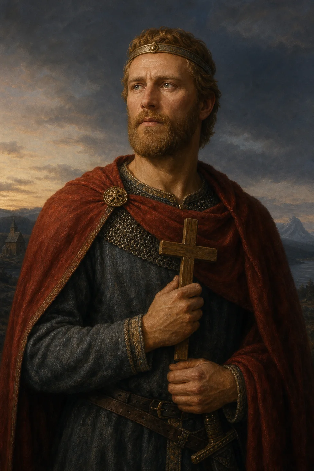 Contemporary devotional portrait of Saint Olav in restrained eleventh-century royal dress, holding a wooden cross.